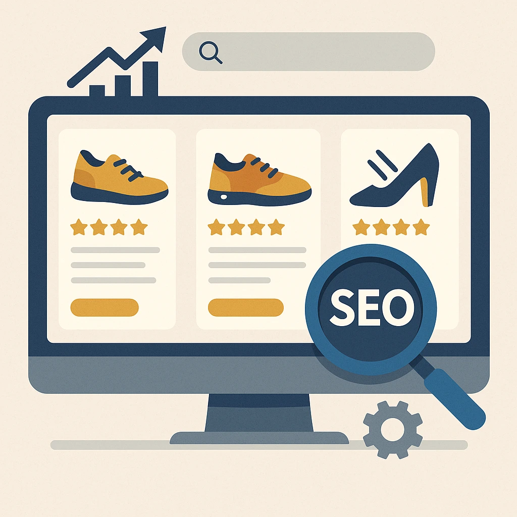 Komputer z produktami i SEO